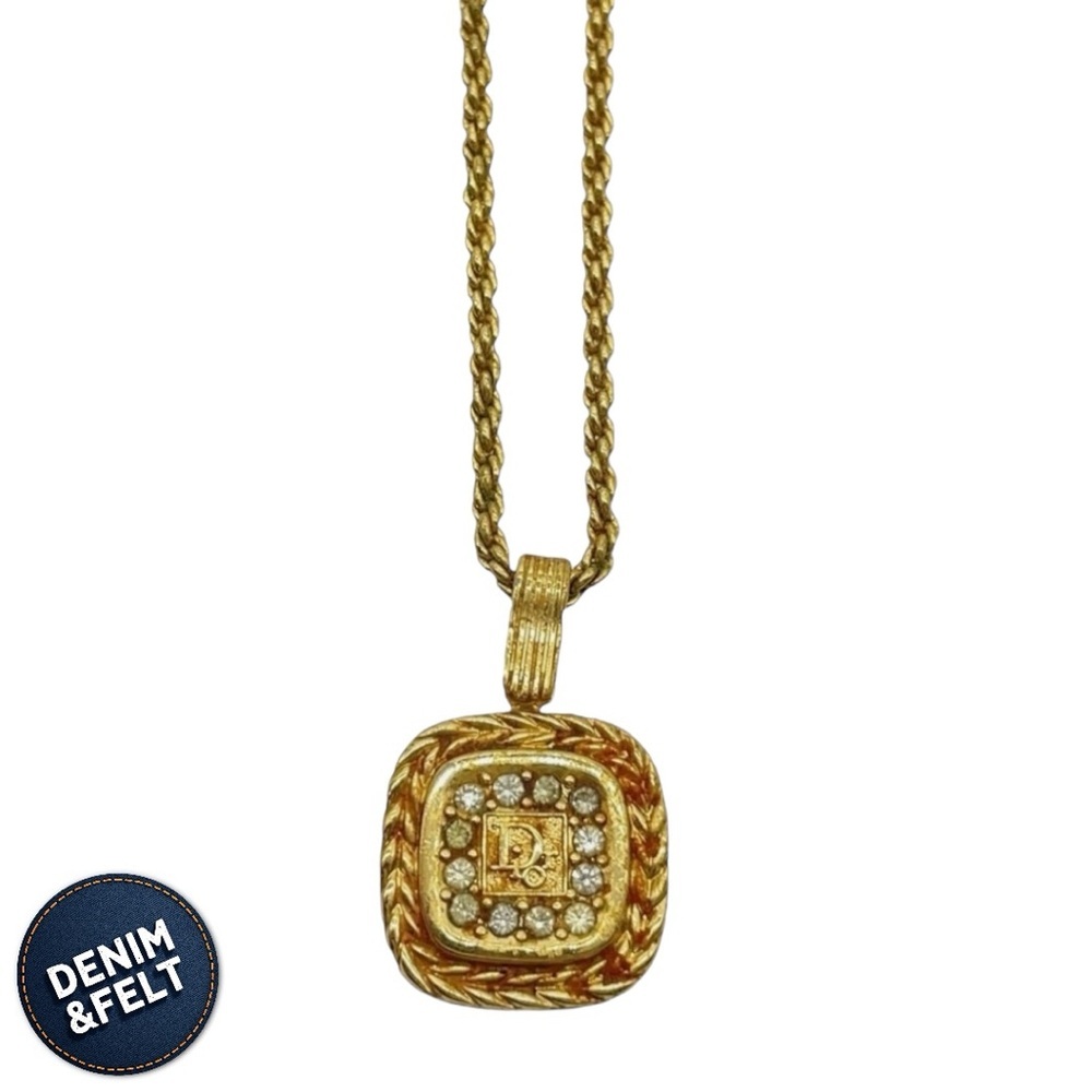 Christian Dior Vintage Logo Plate Rhinestone Gold‎ Plated Pendant Necklace 💛 - Picture 3 of 11